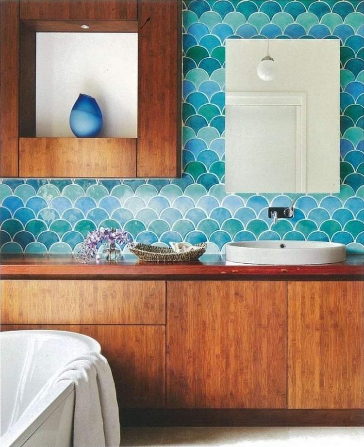 Kakel badrumsidéer -blått-turkos-grönt-trä-underskåp-handfat-keramik