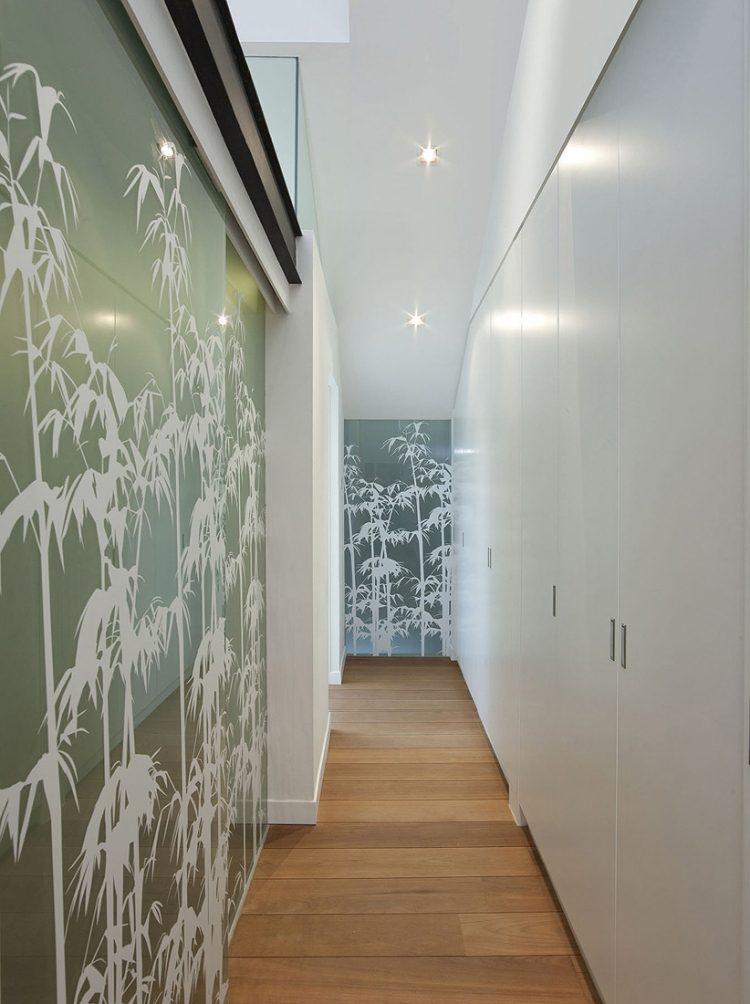 hall-dekoration-idéer-glas-skjutdörrar-folie-bambu-växter