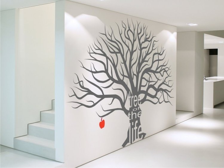 hall-dekoration-idéer-vägg-dekaler-grå-träd