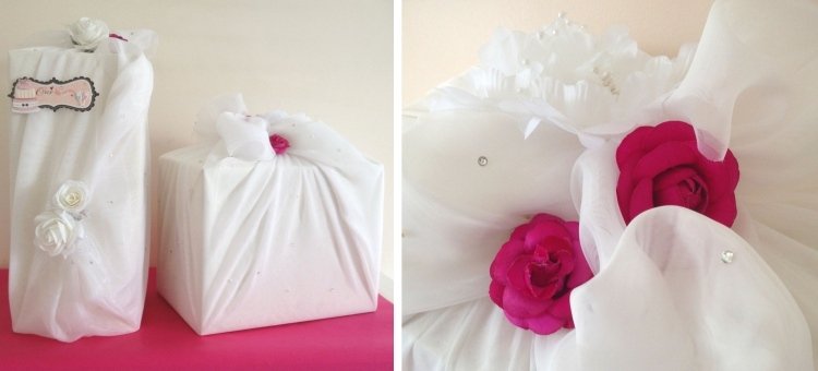 presentidéer-bröllop-tyg-förpackning-blommor-vit-lila-vacker-enkel-dekoration