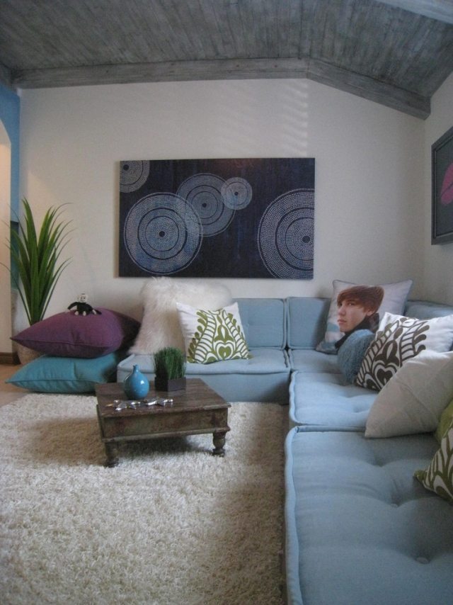 Klädda möbler hörnsoffa inomhus vardagsrum blå