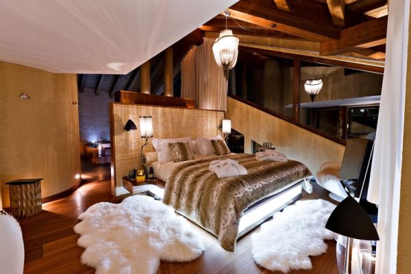 Design Ski Chalet-Zermatt sovrum-djurskinn vita rustika detaljer