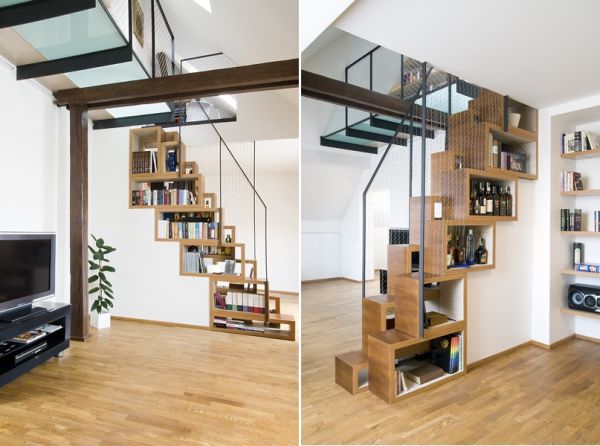 rymdbesparande trappa minimalistisk design integrerade bokhyllor