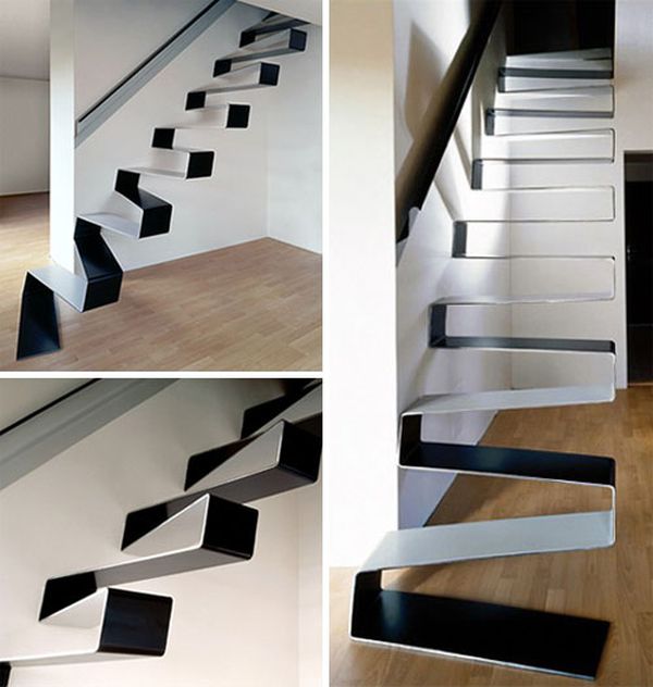 Svart och vit minimalistisk inre trappa fribärande trappliknande tejp