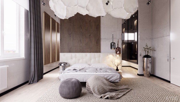 modern sovrum design vit-grå-grädde-läder sänggavel