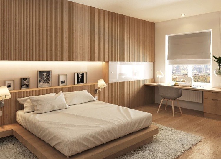 sovrum design-idéer-modern-lamellär väggbeklädnad-plattform säng-vägg nisch