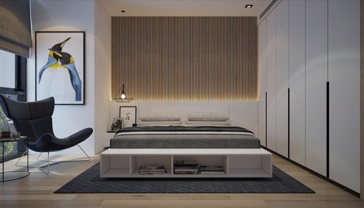 sovrum-design-idéer-moderna-lameller-vägg-trä-vita-sänggavel-led-remsor