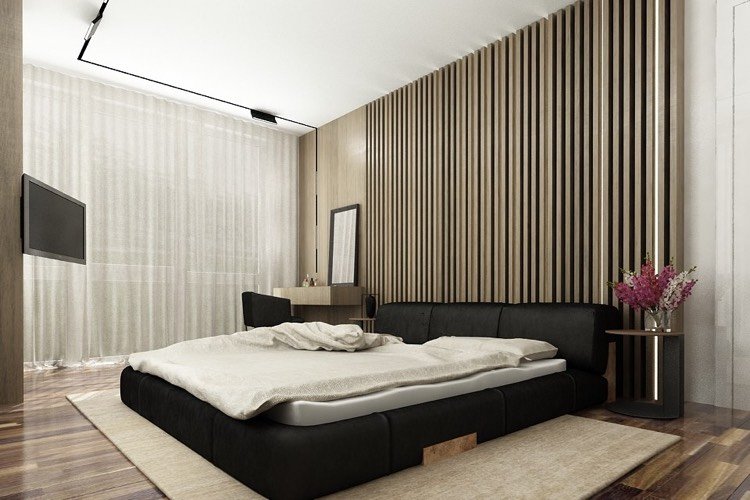sovrum-design-idéer-moderna-trä-lameller-svart-säng-bakgrundsbelysning