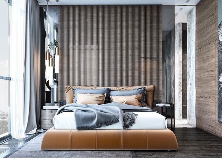 sovrum-design-idéer-modern-lamell-vägg-läder-säng-rökt glas