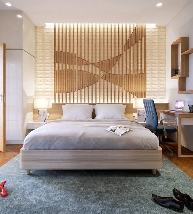 sovrum-design-idéer-modernt-trä-lamell-mönster-vägg-dekoration