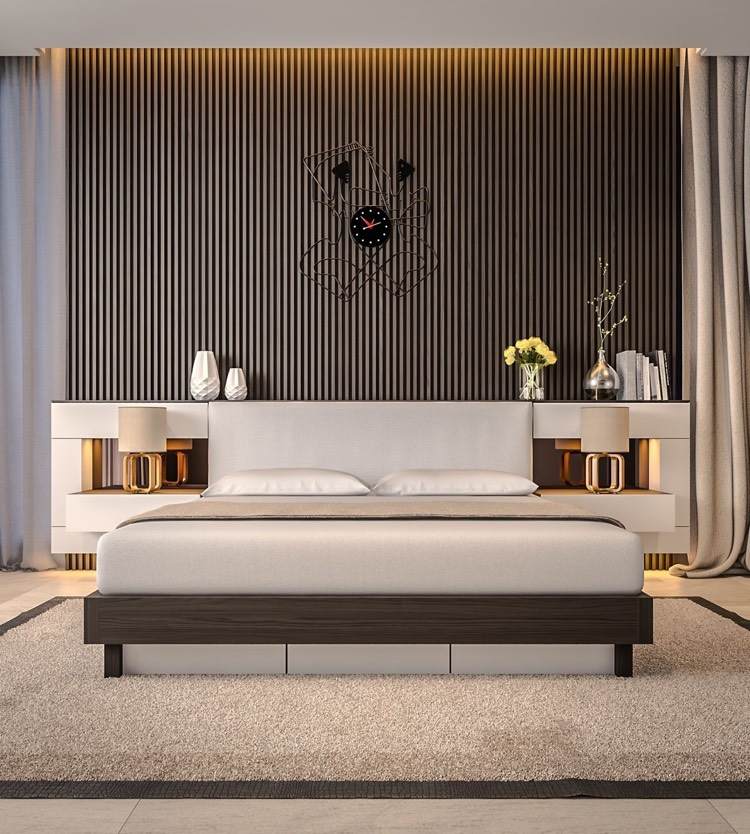 sovrum-design-idéer-modern-louvre-vägg-tak-belysning-vägg-klocka-sänggavel-hylla