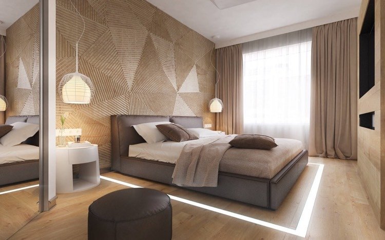 Moderna sovrumsdesignidéer-trälister-mönster-triangel-grädde-brun-beige