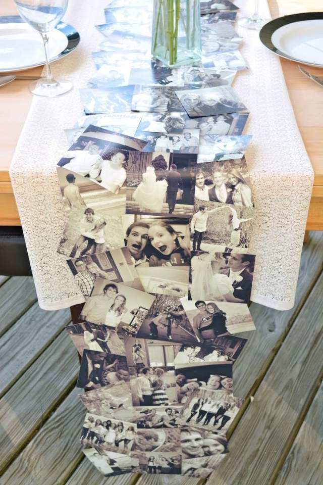 bordsdekoration-bröllop-bordsskiva-svart-vita-foton-brudpar