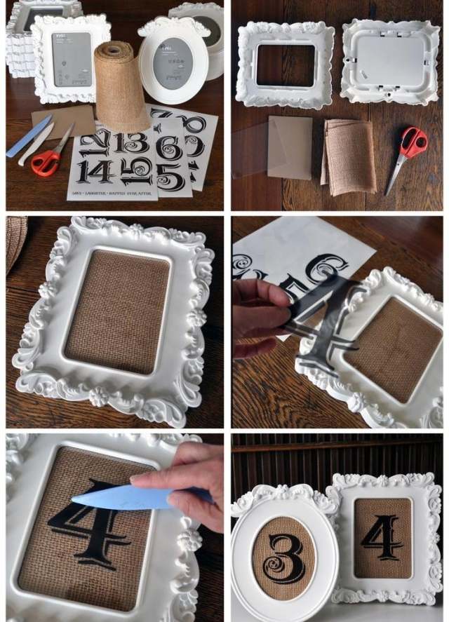 bordsdekorationer för bröllop vintage-bord-nummer-gamla-bildramar