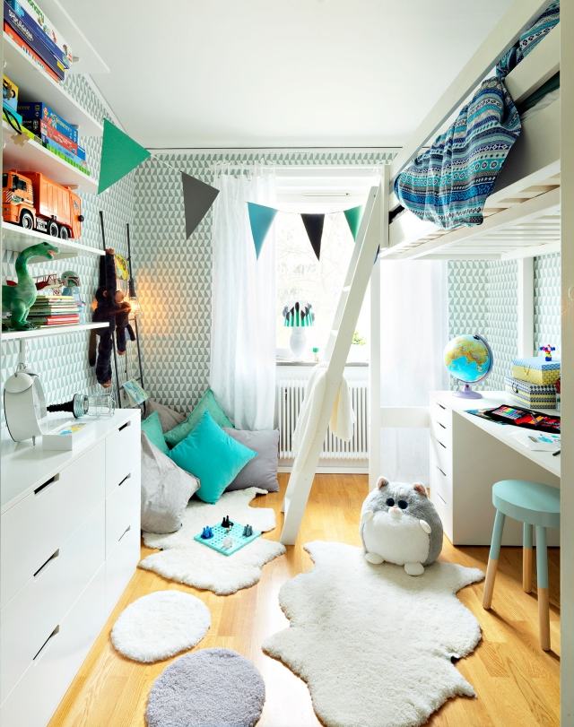 möblering-barnrum-pojke-vit-aqua-loft säng-skrivbord-nedan