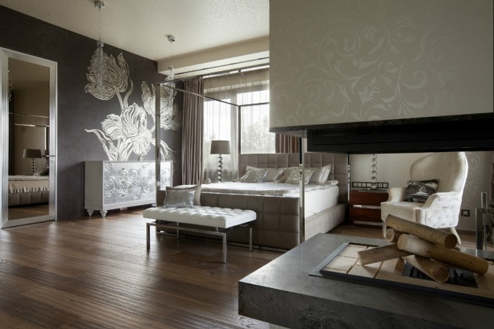 moderna sovrum-färger-vita-möbler-blomma-vägg-dekoration-dubbelsidig-öppen spis