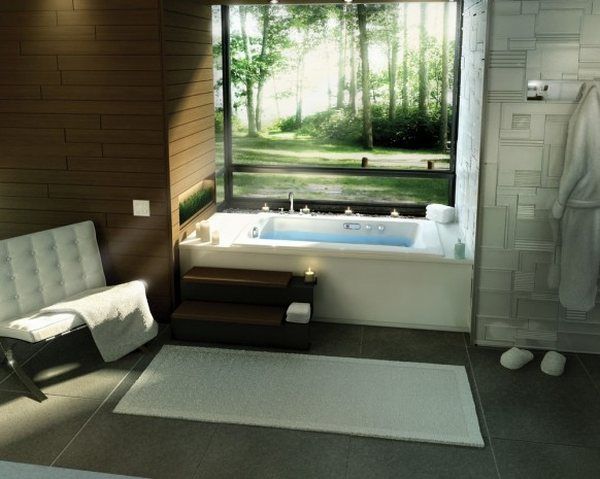 design badkar bredvid fönstret trävägg naturlighet traditionell