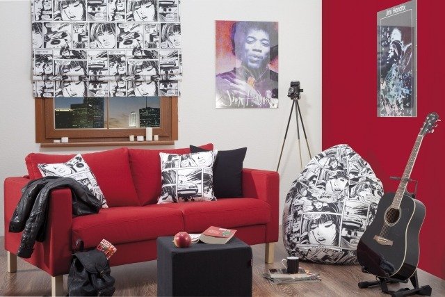 ungdomsrum-idéer-dekoration-svart-vit-röd-serietidningar
