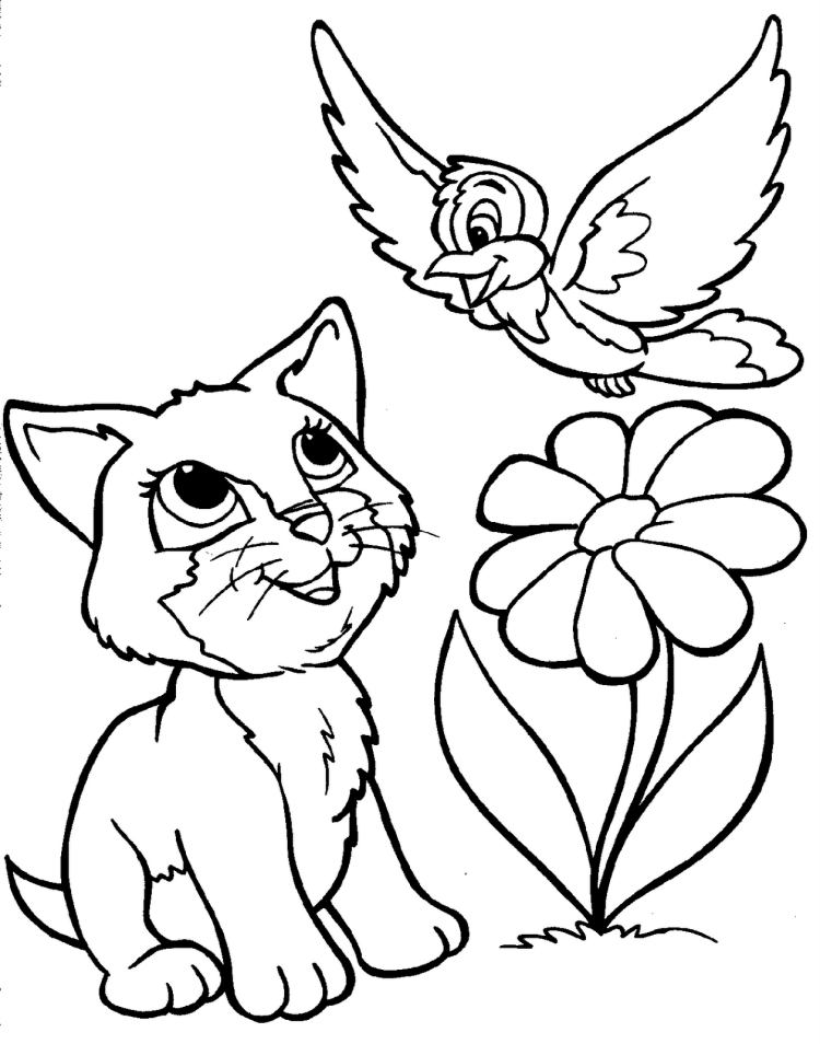 Barn målarbok djur-katt-fågel-blomma