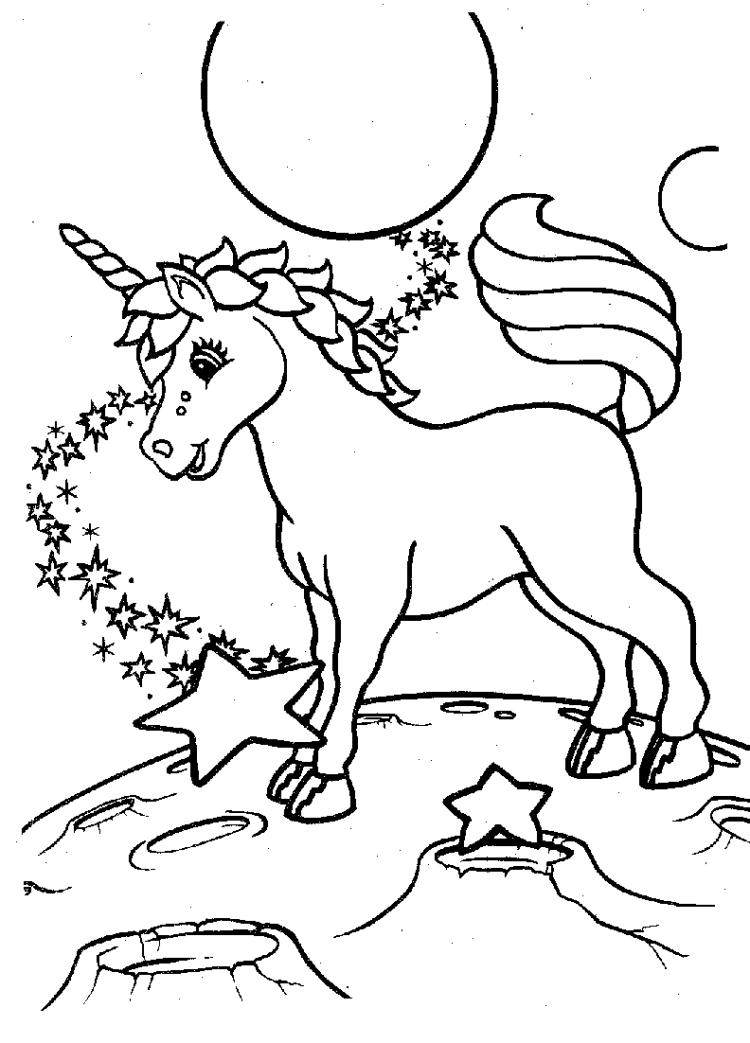 barn-färg-sidor-djur-enhörning-stjärnor-måne