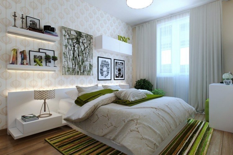 små sovrum moderna-vita-möbler-gröna-matta-led-remsor