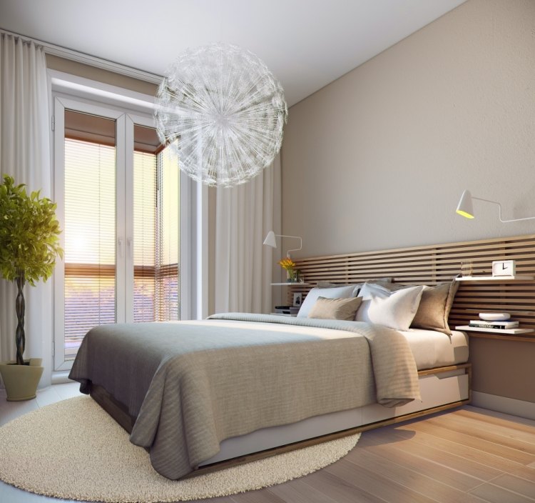 litet sovrum-modern-grädde-vägg-måla-trä-lamell-säng-sänggavel