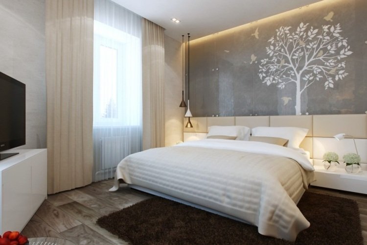 litet sovrum modern väggdesign-vit-träd-fågel-grädde-vit-säng