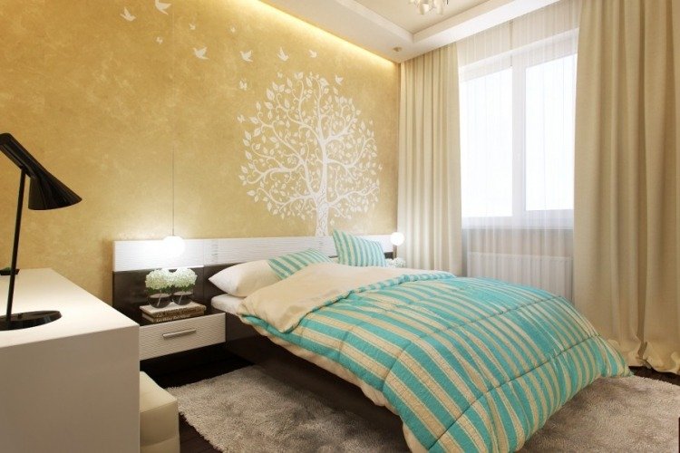 litet sovrum-modern-gyllene-vägg-måla-måla-teknik-vitt-träd