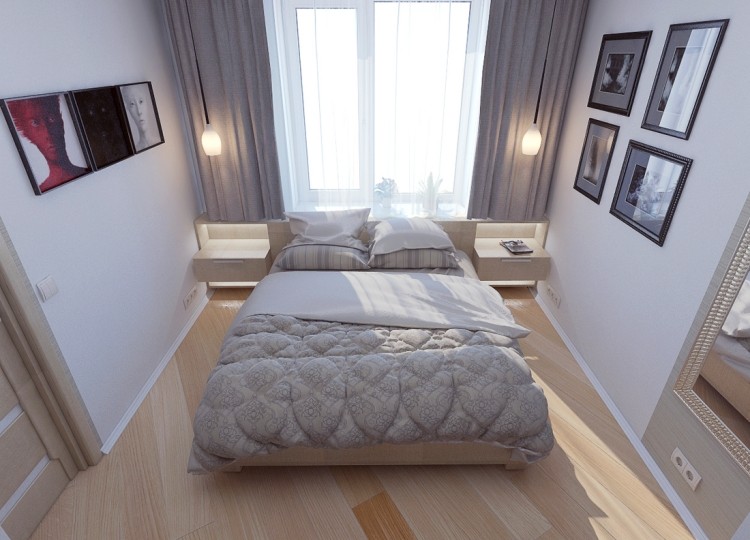 små sovrum modern-ljus-laminat-golv-ljus-grå-hängande-lampor-trä-sängbord