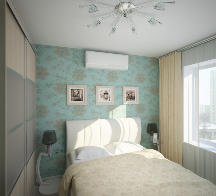 litet sovrum-modern-tapet-aqua-blommor-vit-säng-stoppad sänggavel