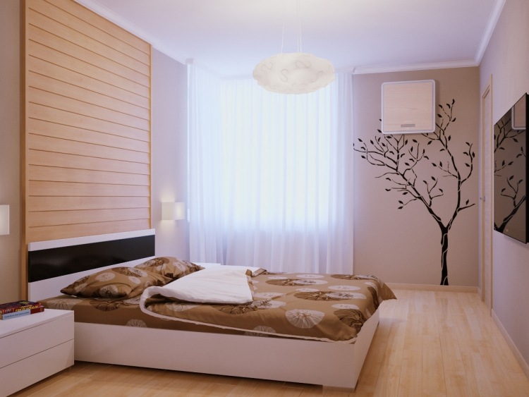 litet sovrum-modernt-ljust-trä-golv-vita-möbler-vägg-tatuering-träd