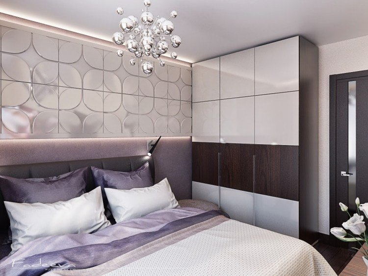 litet sovrum-modernt-lila-väggfärg-3d-väggpaneler-bakgrundsbelysning