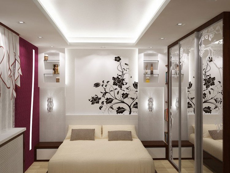 små sovrum-moderna-vägg-dekaler-blommor-indirekt-led-belysning-vägg-tak
