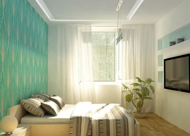 litet sovrum-moderna-färger-vit-turkos-trägolv-ren-gardiner-vägg-tv