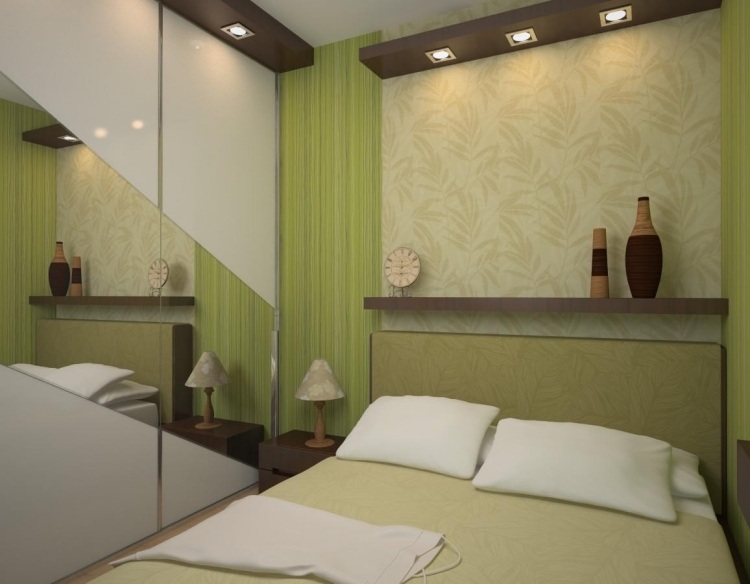 litet sovrum-modernt-inbyggt-i-garderob-speglad-dörr-grön-ton
