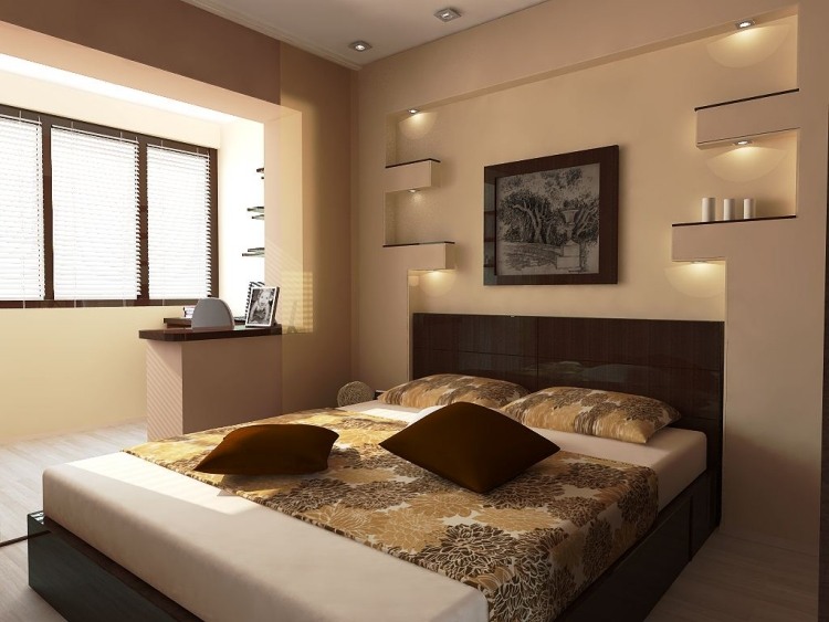 litet sovrum-modernt-beige-vägg-färg-säng-mörkt trä