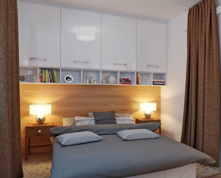 litet sovrum-modern-designad-garderob-hyllor-bakom sängen