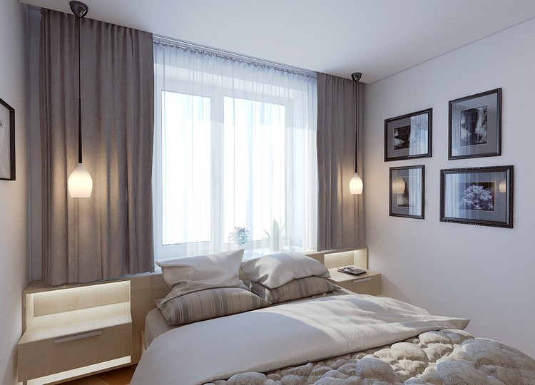 litet sovrum-modern-designad-hängande-lampa-neutral-färger-led-remsor-sängbord