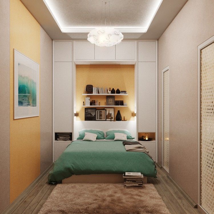 litet sovrum-modernt designat-skåp-bakom-säng-hyllor-indirekt-tak-belysning