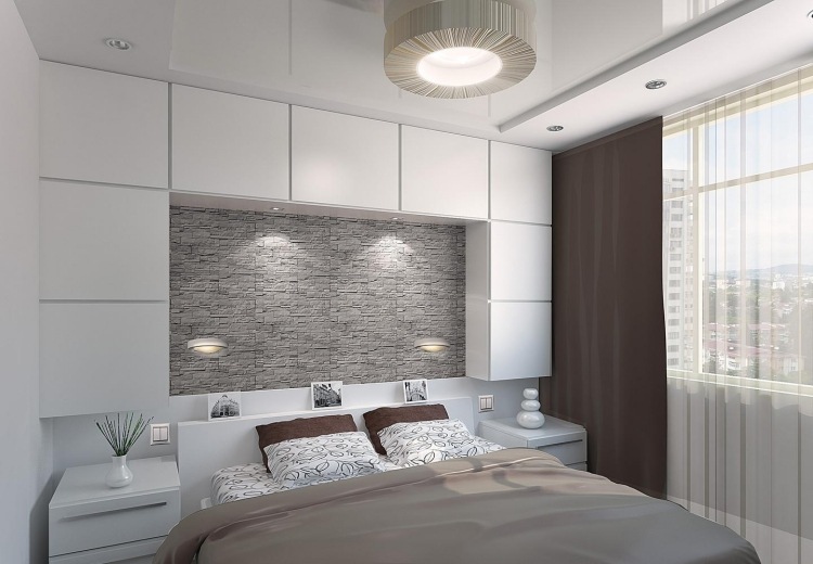 litet sovrum modern vit-garderob-säng-grå-vänd tegel-deco