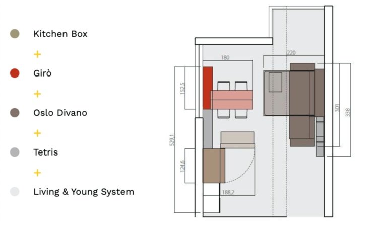 30 kvm lägenhet planlösning smalt rumsexempel med konvertibla möbler från Clei