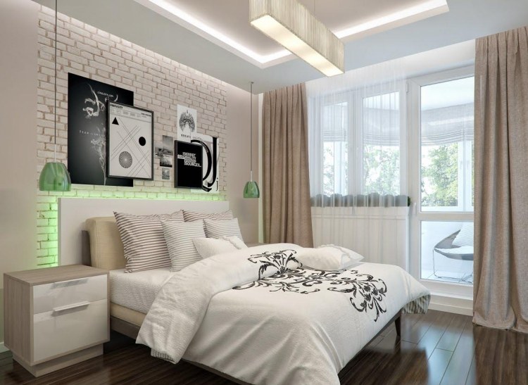 modern-sovrum-vit-grädde-grön-led-belysning-bakom sängen