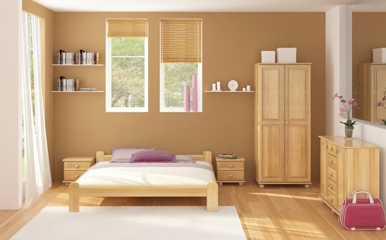 sovrum färg idéer brun-vägg-design-säng-trä-garderob