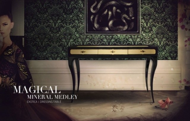 exotica toalettbord design elegant klassisk svart guld koket