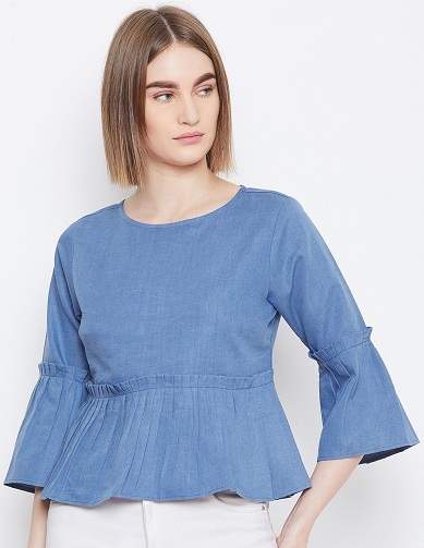 Denim Peplum Crop Top με μανίκια Bell