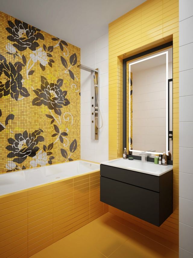 idéer-litet-badrum-utan-fönster-gula-kakel-blomma-mosaik-badkar