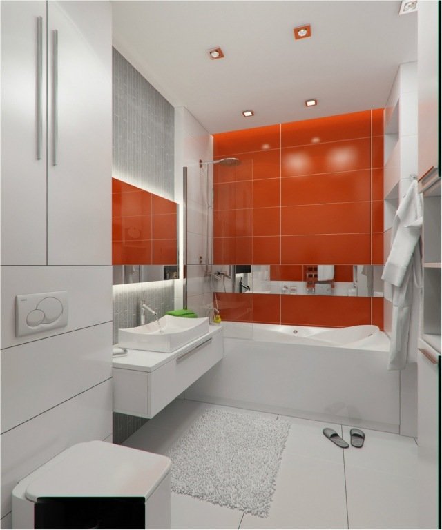badrum-inredning-utan-fönster-vit-orange-kakel-indirekt-belysning-speglar