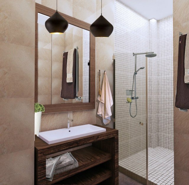 litet badrum-duschkabin-glas-vägg-trä-fåfänga-beige-kakel