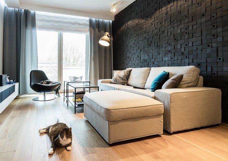 Vardagsrumsväggar-idéer 3d-väggpaneler-svart stoppad soffa