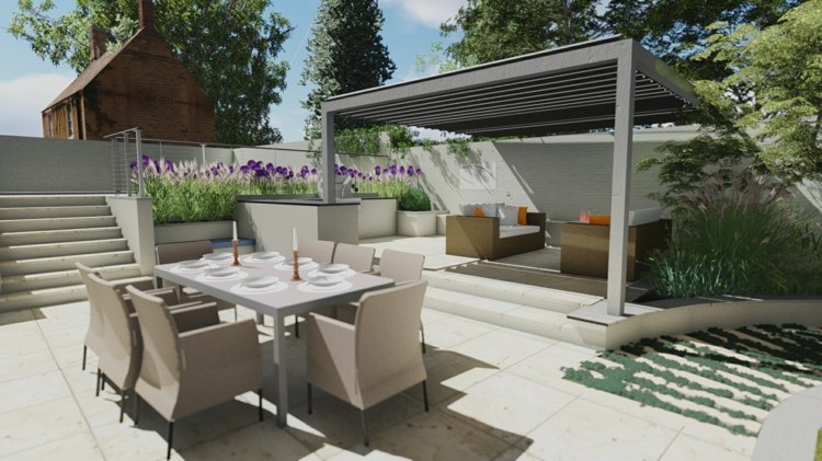 trädgård-och-landskapsarkitektur-modern-uteplats-blommor-beige-möbler
